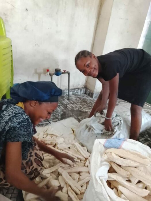 Mise en sacs des cossettes de manioc au centre MONIELO